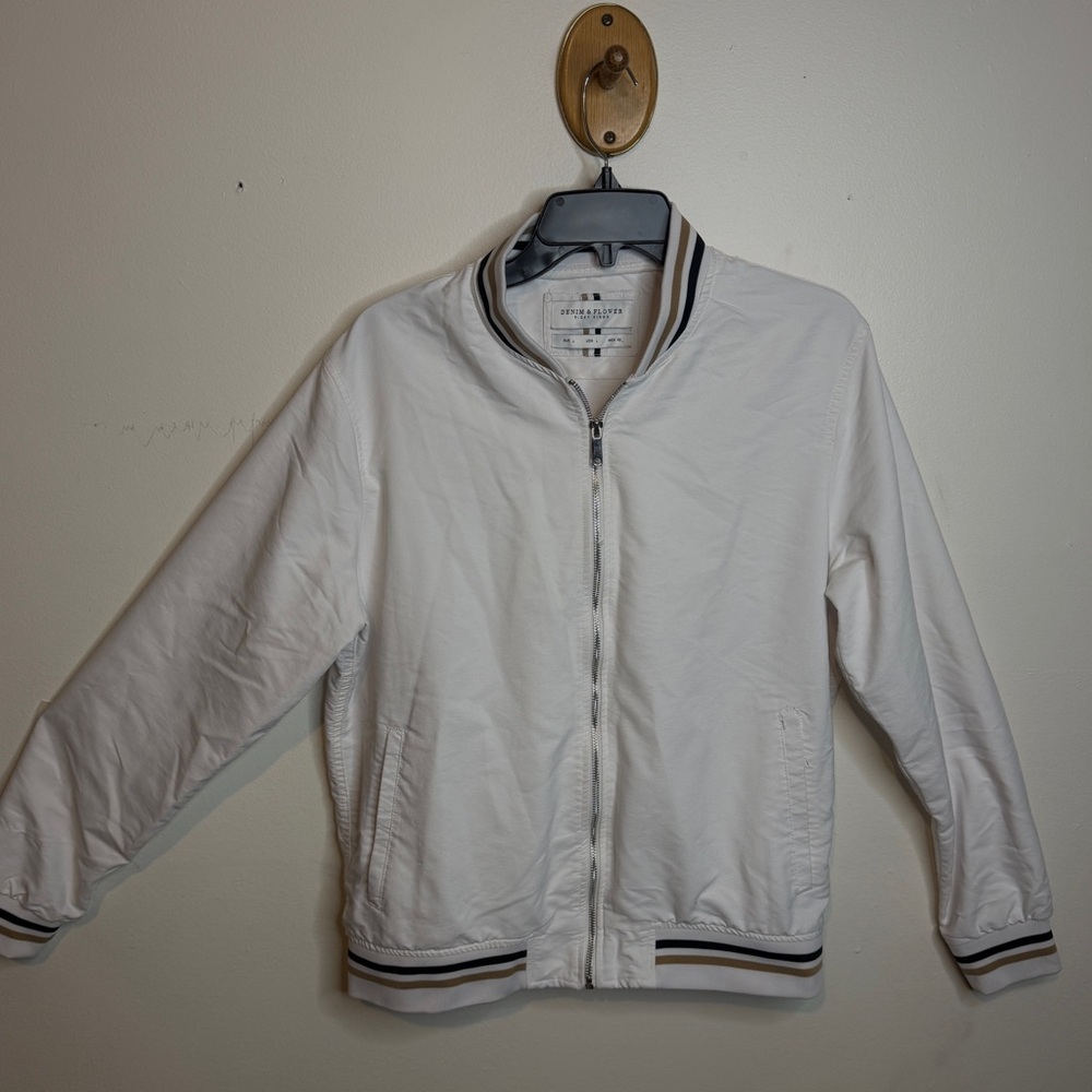 Denim & Flower White Jacket with Black and Tan Stripes